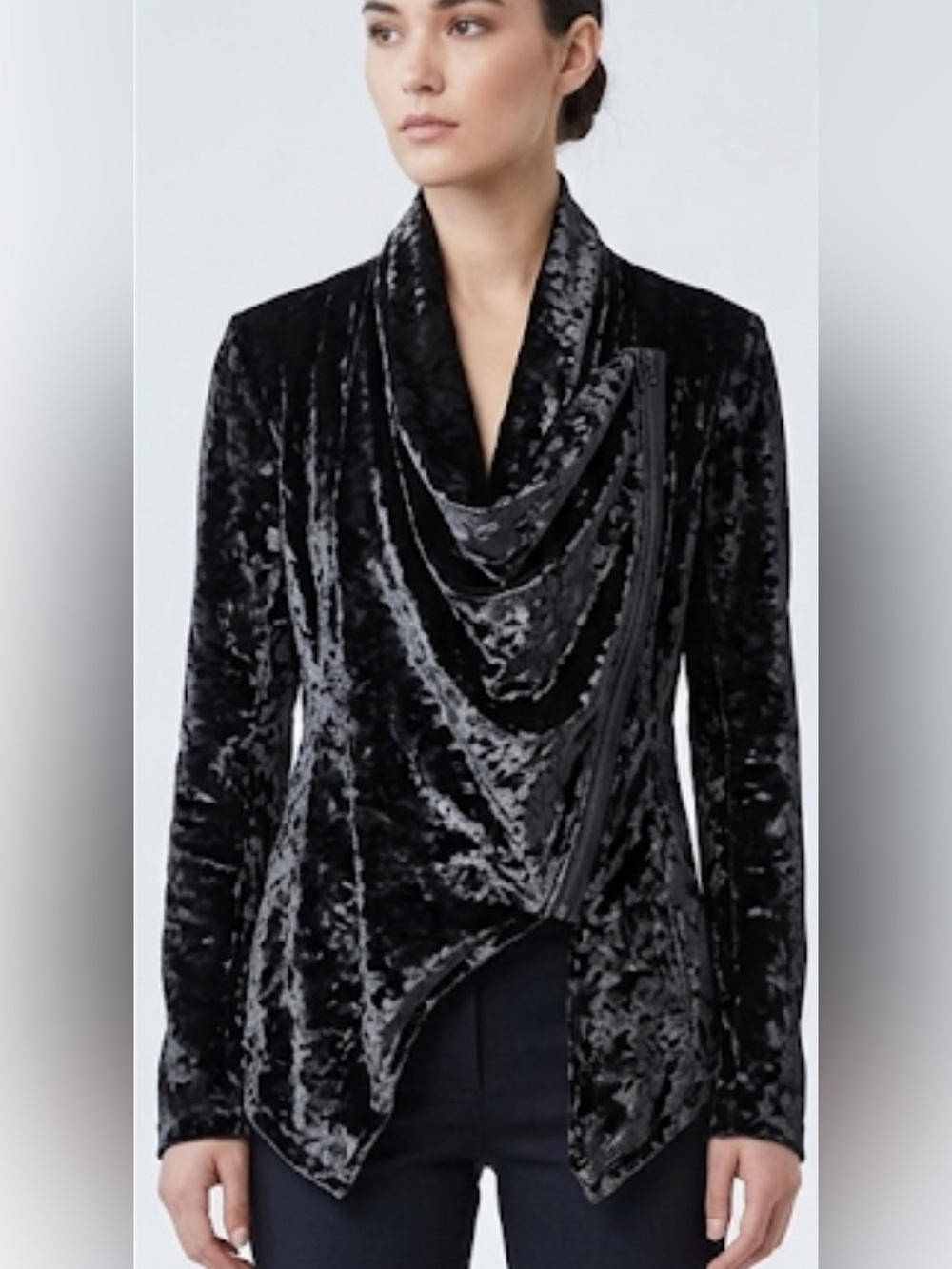 Crushed Velvet Asymmetrical Zip Draped Jacket - Black Like New